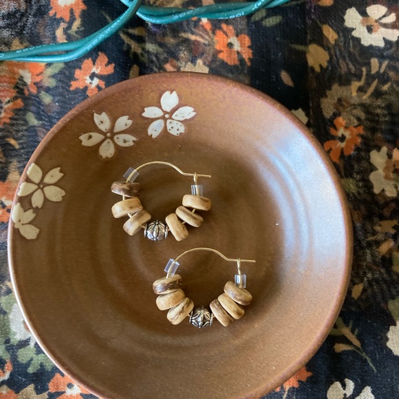 Coconut and Floral Silver Toned Bead Hoop Earrings - Picture 3 of 5